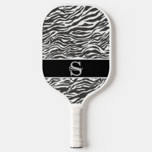 Black White Zebra Animal Pattern Initial Monogram Pickleball Paddle