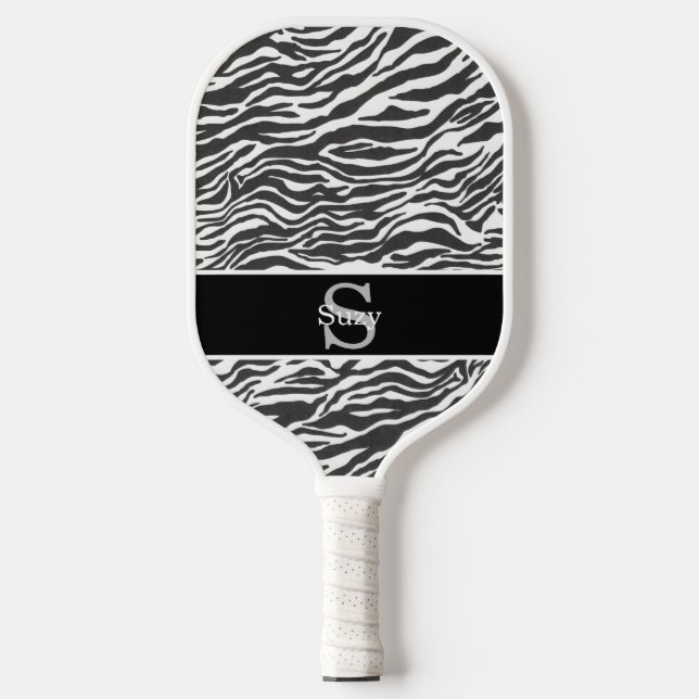 Black White Zebra Animal Pattern Initial Monogram Pickleball Paddle (Front)