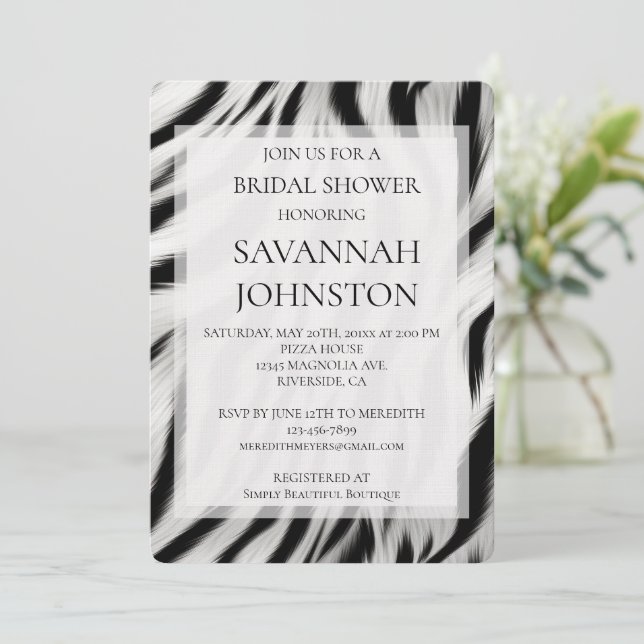 Black White Zebra Animal Print Bridal shower Invitation (Standing Front)