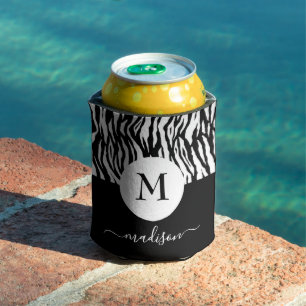 Black White Zebra Animal Print Monogram Name Chic Can Cooler