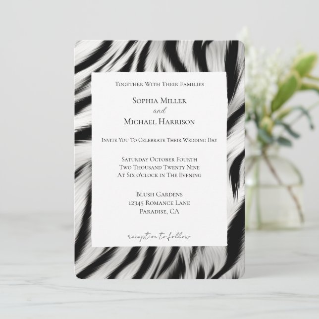 Black White Zebra Animal print Wedding Invitation (Standing Front)