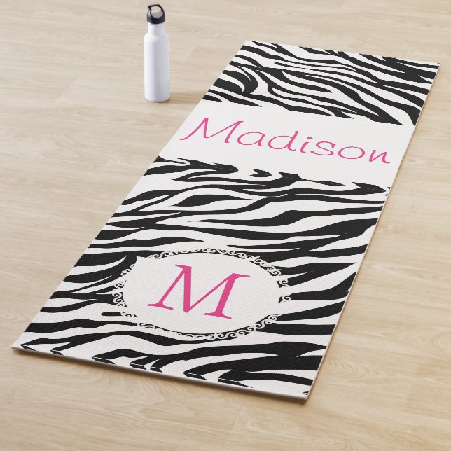 Black White Zebra Animal Trendy Monogram Yoga Mat (In Situ)