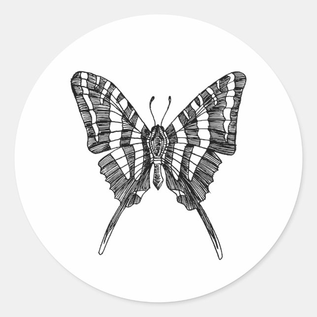 Black & White Zebra Butterfly Ink Drawing Pattern Classic Round Sticker (Front)
