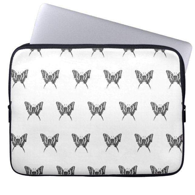 Black & White Zebra Butterfly Ink Drawing Pattern Laptop Sleeve (Front)