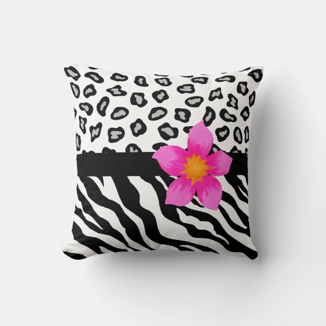 Black & White Zebra & Cheetah Skin & Pink Flower Cushion (Front)
