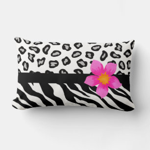 Black & White Zebra & Cheetah Skin & Pink Flower Lumbar Cushion