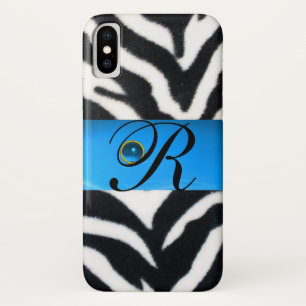 BLACK WHITE ZEBRA FUR AQUA BLUE GEM MONOGRAM, iPhone X CASE