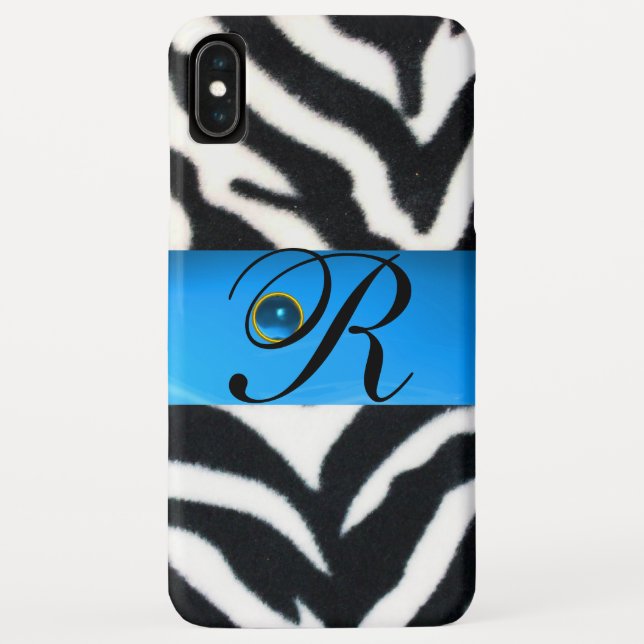 BLACK WHITE ZEBRA FUR AQUA BLUE GEM MONOGRAM, Case-Mate iPhone CASE (Back)
