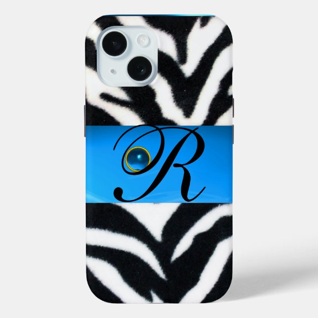 BLACK WHITE ZEBRA FUR AQUA BLUE GEM MONOGRAM, Case-Mate iPhone CASE (Back)