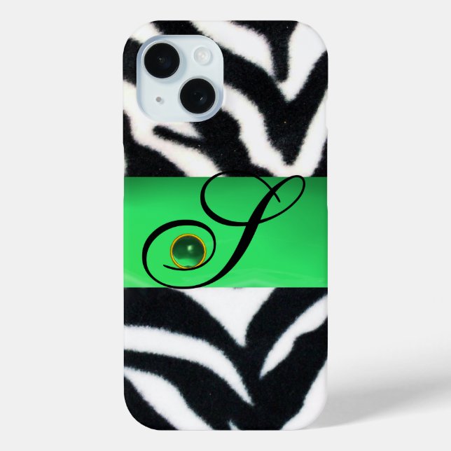 BLACK WHITE ZEBRA FUR EMERALD GREEN GEM MONOGRAM Case-Mate iPhone CASE (Back)