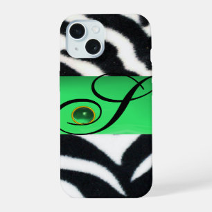 BLACK WHITE ZEBRA FUR EMERALD GREEN GEM MONOGRAM iPhone 15 CASE