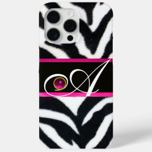 BLACK WHITE ZEBRA FUR FUCHSIA  PINK GEM MONOGRAM, iPhone 15 PRO MAX CASE