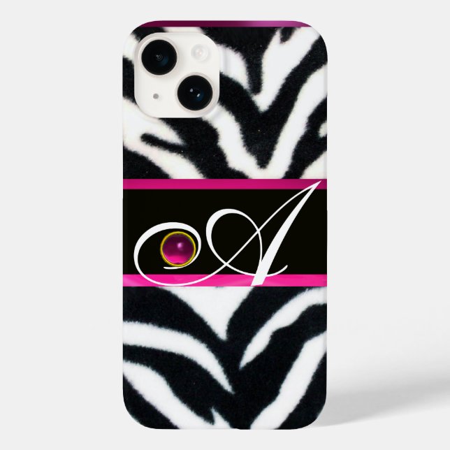 BLACK WHITE ZEBRA FUR FUCHSIA  PINK GEM MONOGRAM, Case-Mate iPhone CASE (Back)