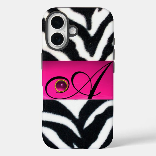 BLACK WHITE ZEBRA FUR  FUCHSIA  PINK GEM MONOGRAM, Case-Mate iPhone CASE (Back)