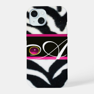 BLACK WHITE ZEBRA FUR FUCHSIA PINK GEM MONOGRAM, iPhone 15 CASE