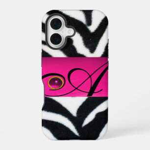 BLACK WHITE ZEBRA FUR FUCHSIA PINK GEM MONOGRAM, iPhone 16 CASE