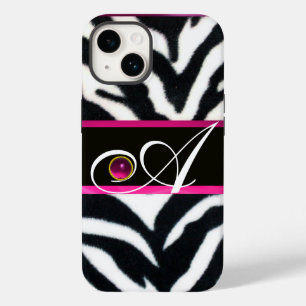 BLACK WHITE ZEBRA FUR FUCHSIA PINK GEM MONOGRAM, iPhone CASE