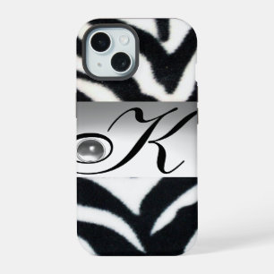 BLACK WHITE ZEBRA FUR GREY GEM MONOGRAM, iPhone 15 CASE