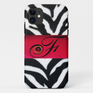 BLACK WHITE ZEBRA FUR  RED  GEM MONOGRAM, iPhone 11 CASE