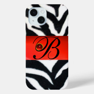BLACK WHITE ZEBRA FUR  RED  GEM MONOGRAM, iPhone 15 CASE