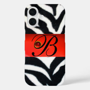 BLACK WHITE ZEBRA FUR  RED  GEM MONOGRAM, iPhone 16 CASE