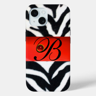 BLACK WHITE ZEBRA FUR  RED  GEM MONOGRAM, iPhone 15 CASE