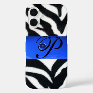 BLACK WHITE ZEBRA FUR SAPPHIRE  BLUE GEM MONOGRAM, iPhone 16 CASE