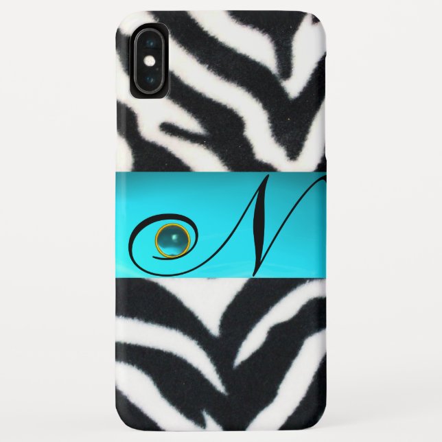 BLACK WHITE ZEBRA FUR TEAL AQUA BLUE GEM MONOGRAM, Case-Mate iPhone CASE (Back)
