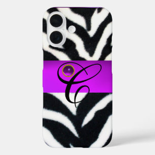 BLACK WHITE ZEBRA FUR VIOLET PURPLE GEM MONOGRAM, iPhone 16 CASE