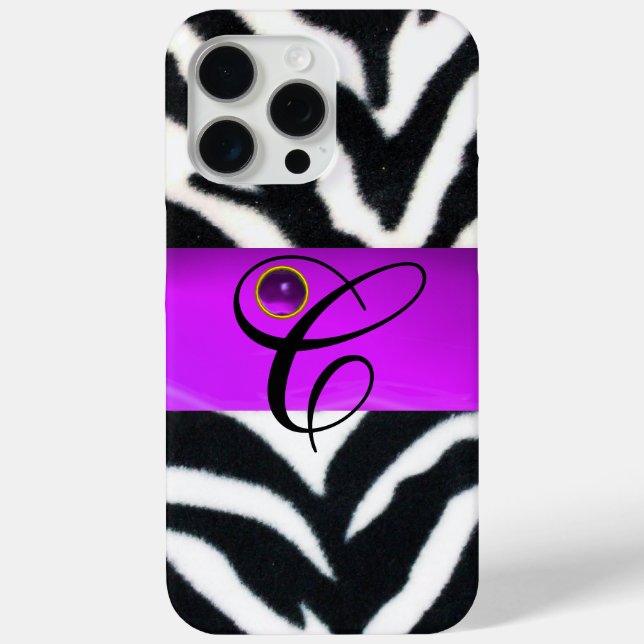 BLACK WHITE ZEBRA FUR VIOLET PURPLE GEM MONOGRAM, Case-Mate iPhone CASE (Back)