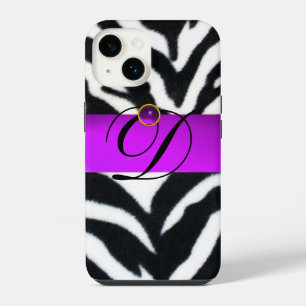 BLACK WHITE ZEBRA FUR VIOLET PURPLE GEM MONOGRAM, iPhone CASE