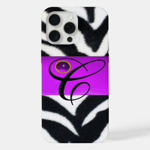 BLACK WHITE ZEBRA FUR VIOLET PURPLE GEM MONOGRAM, iPhone 15 PRO MAX CASE