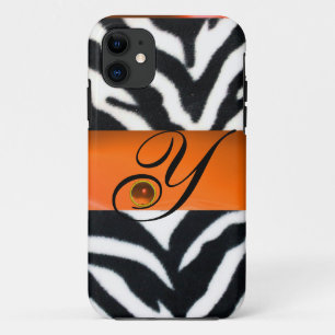 BLACK WHITE ZEBRA FUR YELLOW ORANGE GEM MONOGRAM, iPhone 11 CASE