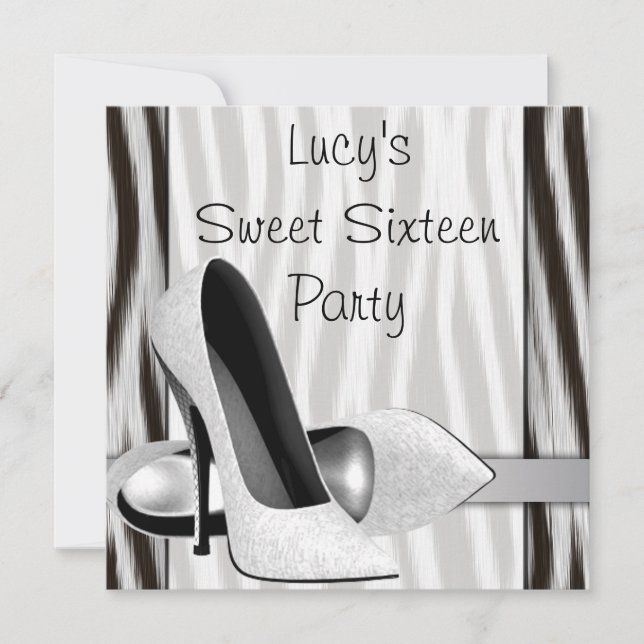 Black White Zebra High Heel Shoes Sweet 16 Party Invitation (Front)