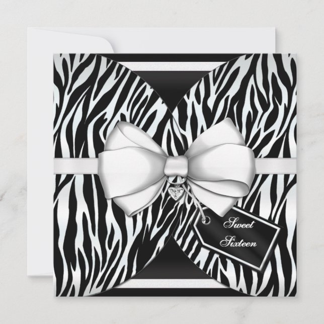 Black White Zebra Invite Ribbon & Jewelled Bow (Front)