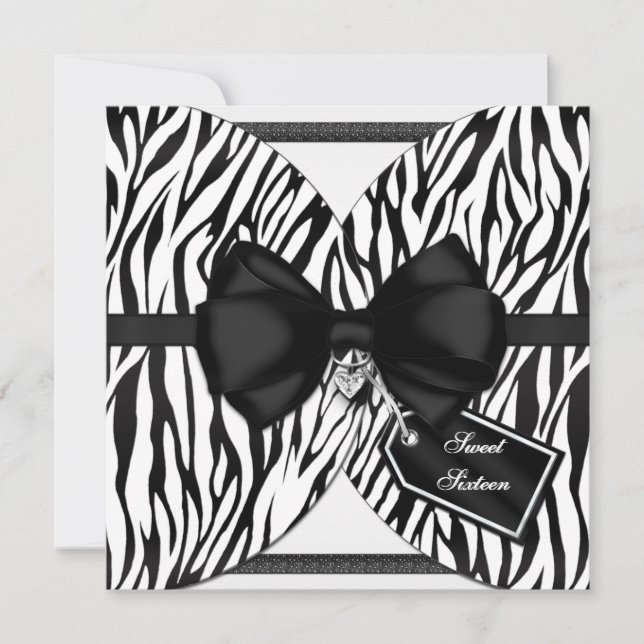 Black White Zebra Invite Ribbon & Jewelled Bow (Front)