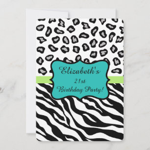 Black White Zebra Leopard Skin 21th Birthday Party Invitation