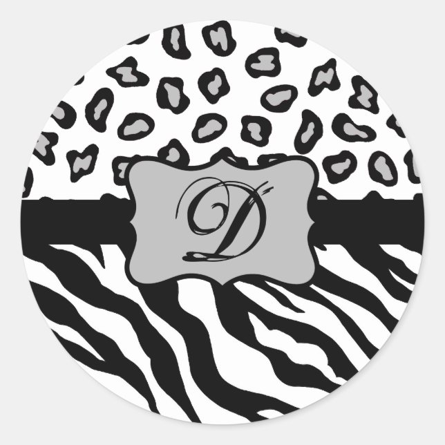 Black White Zebra Leopard Skin Monogram Classic Round Sticker (Front)