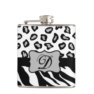 Black White Zebra Leopard Skin Monogram Hip Flask