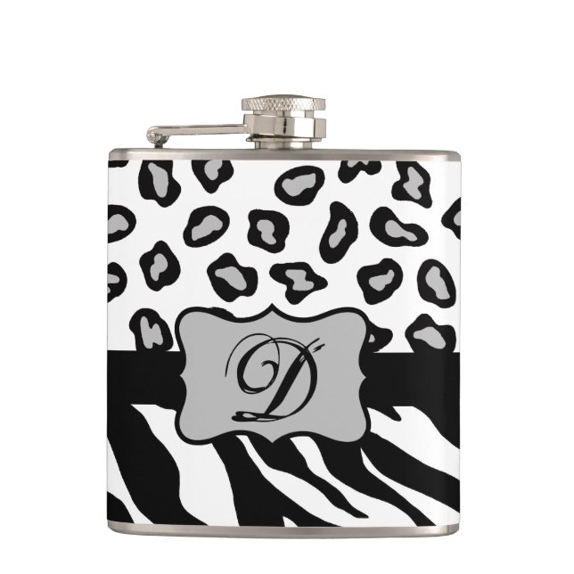 Black White Zebra Leopard Skin Monogram Hip Flask (Front)