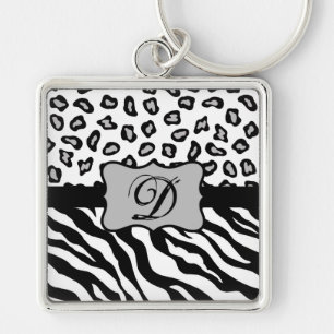 Black White Zebra Leopard Skin Monogram Key Ring