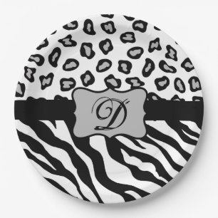 Black White Zebra Leopard Skin Monogram Paper Plate