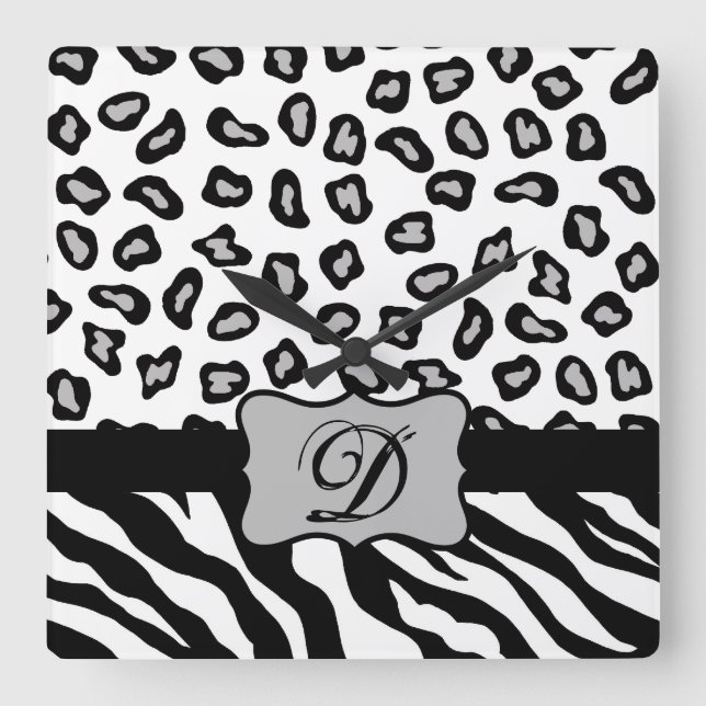 Black White Zebra Leopard Skin Monogram Square Wall Clock (Front)