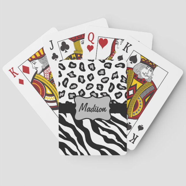 Black White Zebra Leopard Skin Name Personalised Playing Cards (Back)