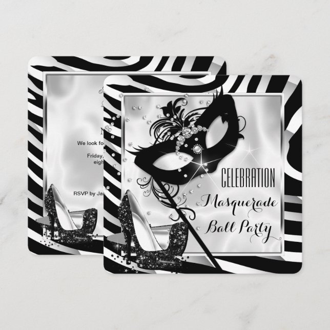 Black White Zebra Masquerade Ball Party 2 Invitation (Front/Back)