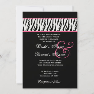 Black White Zebra Pink Accents Wedding Metallic Invitation