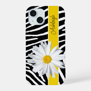 Black, White Zebra Print, Daisy Flower iPhone 15 Case