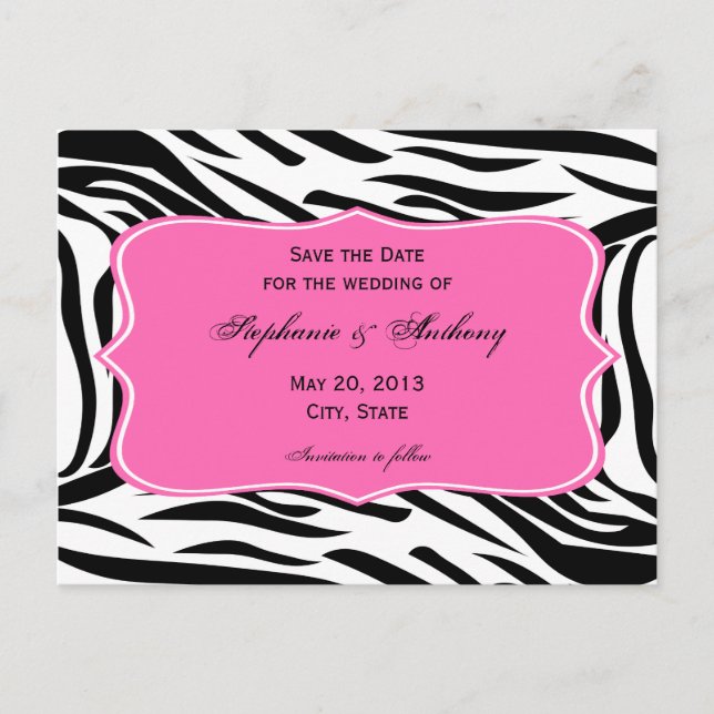 Black, White Zebra Print, Hot Pink Save the Date Announcement Postcard (Front)