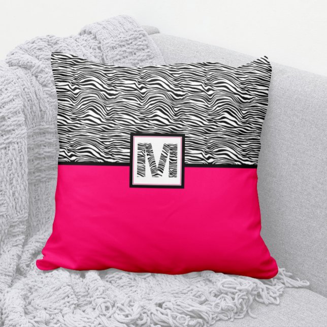 Black & White Zebra Print Monogram | Hot Pink Cushion (Cute Hot Pink and Zebra Print Pillow with Zebra Monogram)