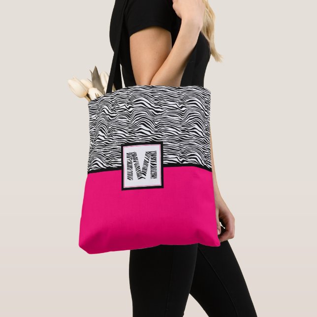 Black & White Zebra Print Monogram | Hot Pink Tote Bag (Close Up)